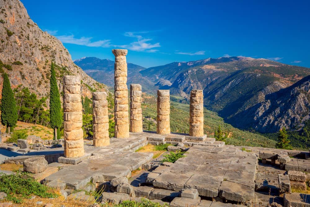 ancient ruins the temple of apollo in Delphi Greece